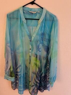 Soft Surroundings XL 10 12 Aqua Blue Tropical Georgette Button Blouse Tunic